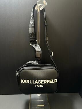 Karl Lagerfeld Paris Black Logo Camera Crossbody Bag Double Zip Webbing Strap